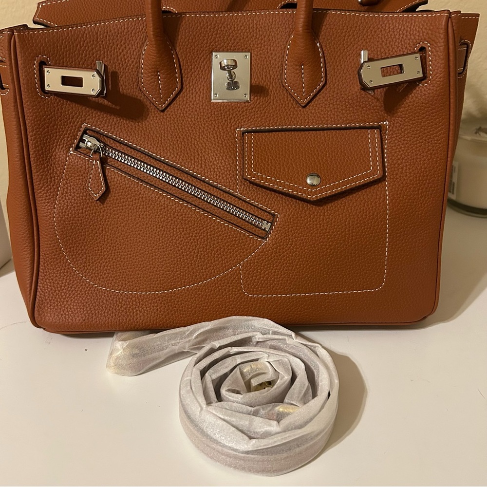 30cm Round Top Handle Front Pockets Satchel Brown - Picture 7 of 8